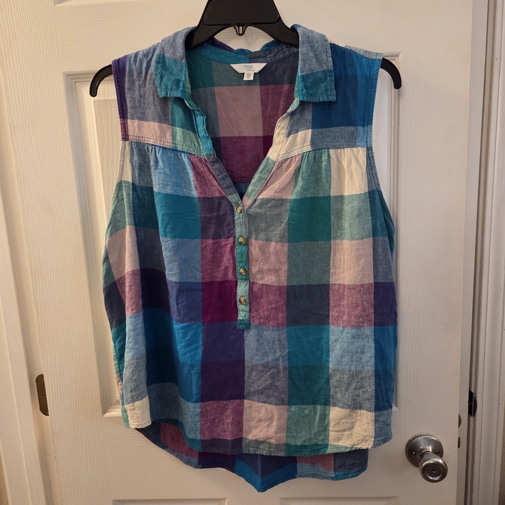 Time and Tru sz XXL plaid pullover linen/viscose camp shirt summer casual beach